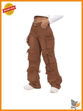 High Waist Baggy Wide Leg Cargo Jeans Flap Pocket Stretch Denim Pants